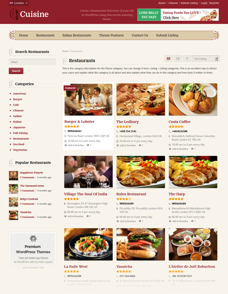 Cuisine Restaurant Directory Theme Listing Grid View